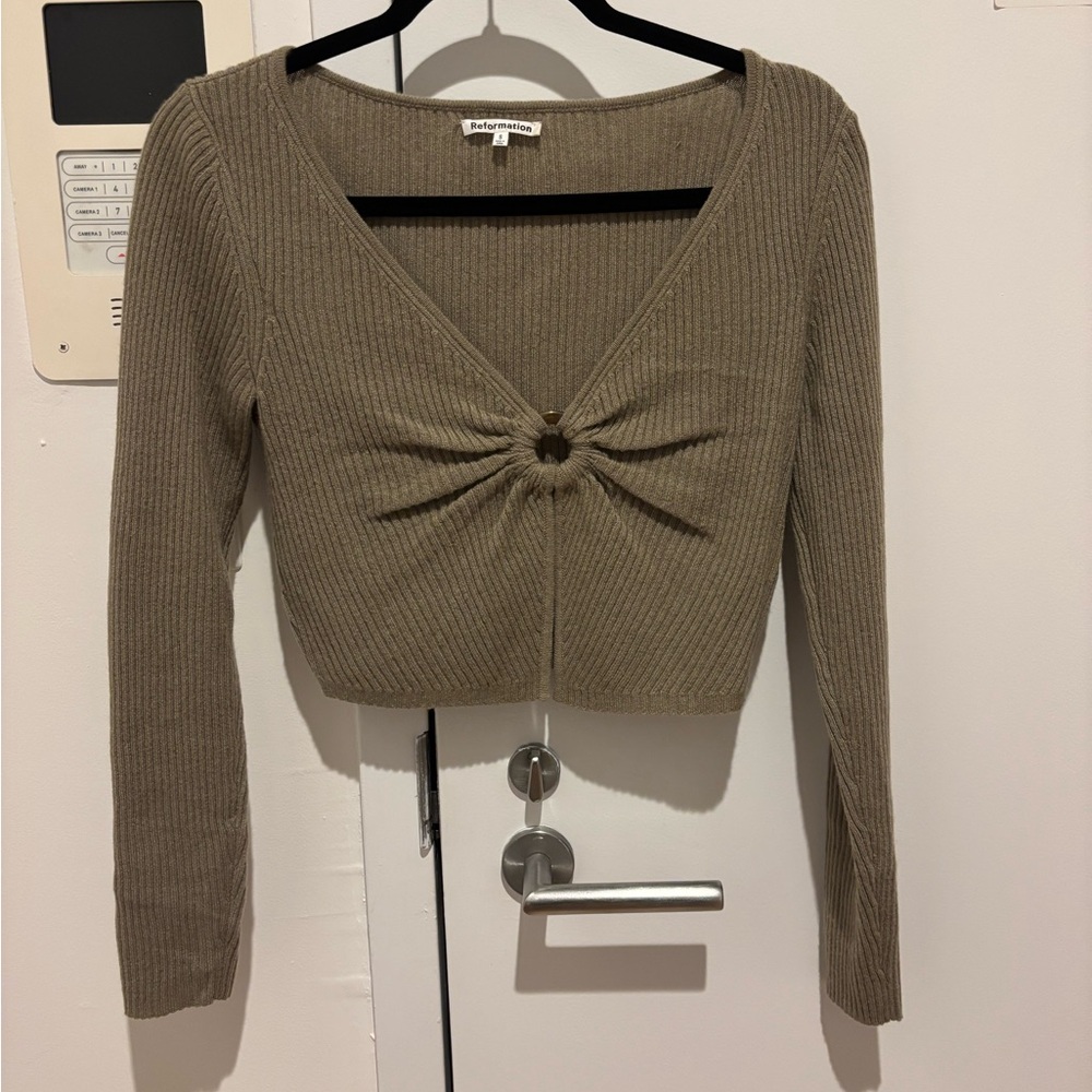 Reformation Olive Knit Cropped Long-Sleeve Top